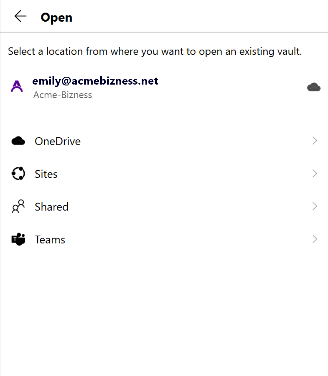 Select location to open existing business vault